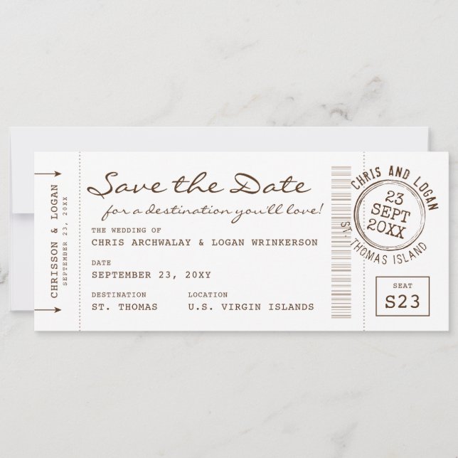 Retro Boarding Pass & Passport Stamp Save the Date Announcement (Front)