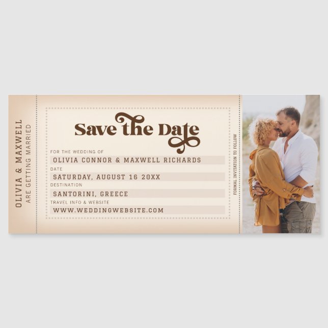 Retro Boarding Pass Photo Save the Date Magnet (Front)