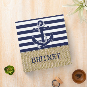 Retro Boat Anchor Cute Stripes Pattern Faux Burlap Binder