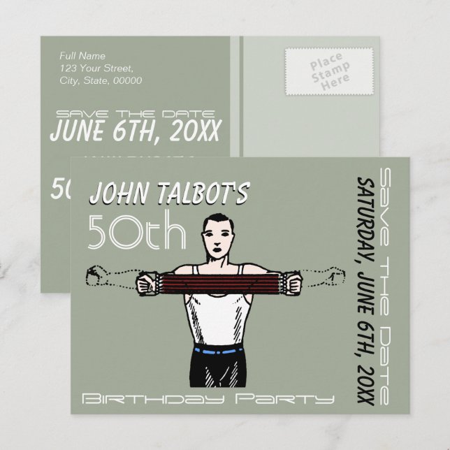 Retro Bodybuilding 50th Birthday Save the Date Announcement Postcard (Front/Back)
