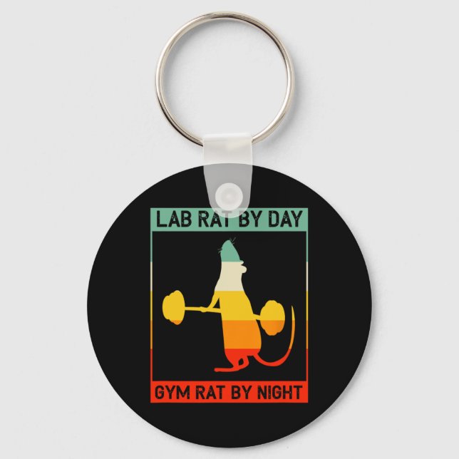 Retro Bodybuilding Lab Rat By Day Gym Rat By Night Keychain (Front)