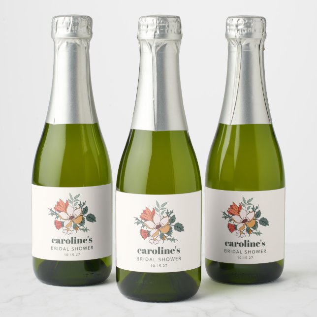 Retro Bohemian Floral Nouveau Bridal Shower Custom Sparkling Wine Label (Bottles)