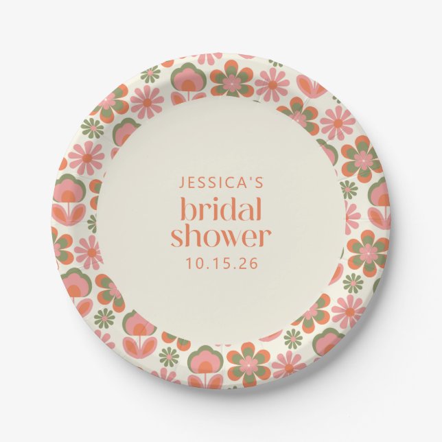 Retro Boho 70s Flowers Pink Green Bridal Shower Paper Plate (Front)