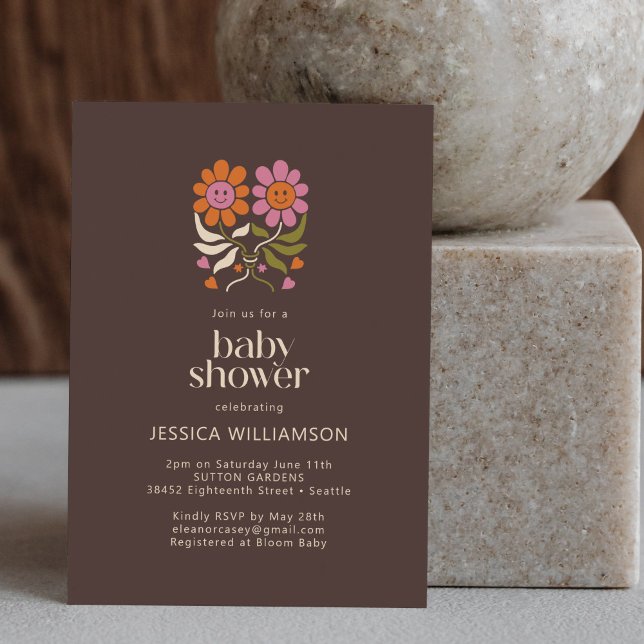 Retro Boho 70s Smile Floral Groovy Baby Shower Invitation (Creator Uploaded)
