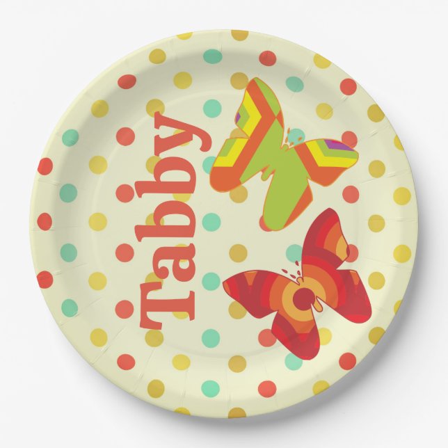 Retro boho 70's stripe polka dot butterfly orange  paper plate (Front)
