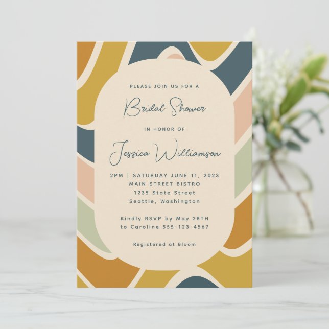 Retro Boho Abstract Wavy Pastel Teal Bridal Shower Invitation (Standing Front)