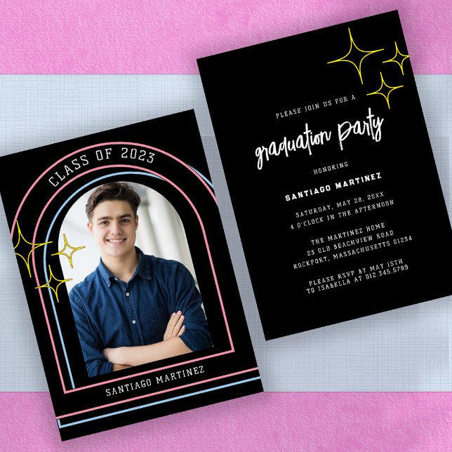 Retro Boho Arch and Stars Photo Graduation Party Invitation (Creator Uploaded)