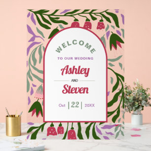 Retro boho arch, folklore flowers welcome wedding acrylic sign