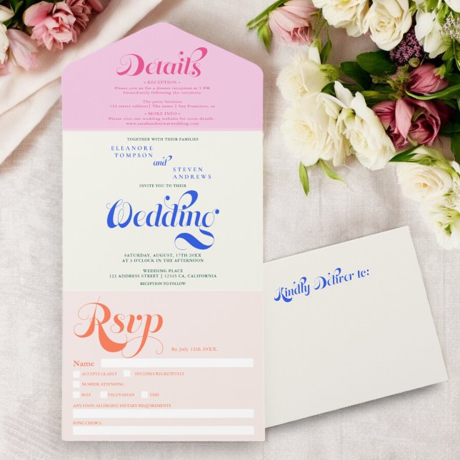 Retro boho  blue pink elegant script chic wedding all in one invitation (Retro boho blue pink elegant script chic wedding all in one invitation)