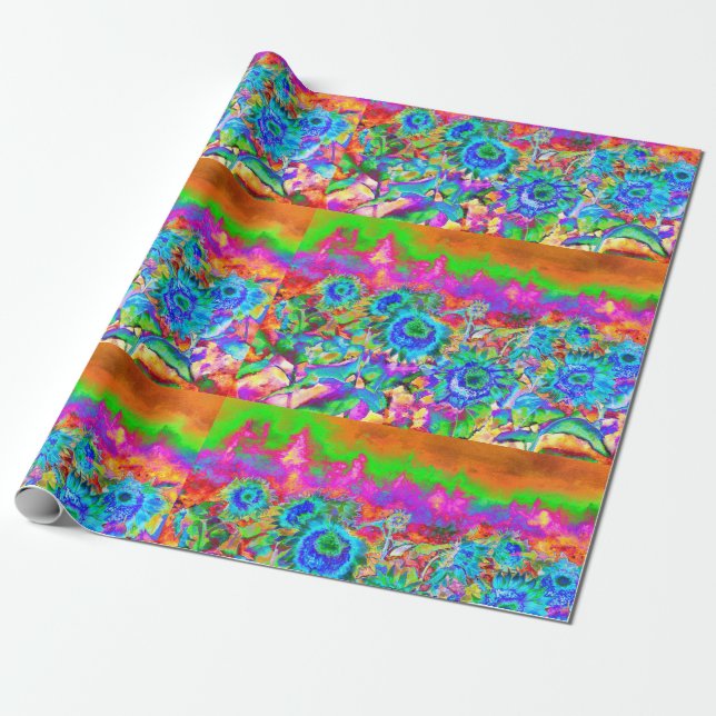 Retro boho blue purple pink flowers wrapping paper (Unrolled)