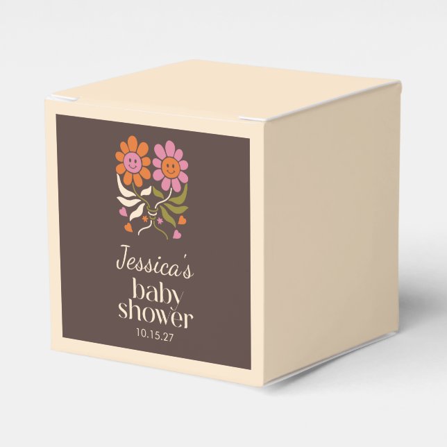 Retro Boho Brown Flower Groovy Baby Shower Custom Favor Box (Front Side)