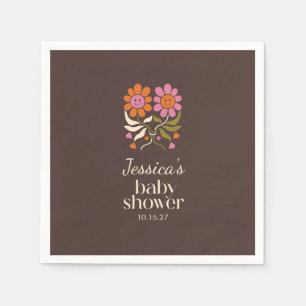 Retro Boho Brown Flower Groovy Baby Shower Custom Napkin