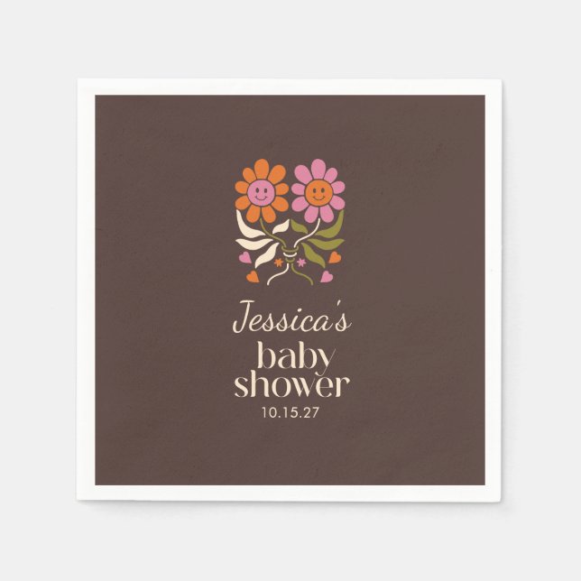 Retro Boho Brown Flower Groovy Baby Shower Custom Napkin (Front)