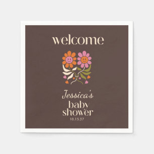Retro Boho Brown Flower Groovy Baby Shower Custom Napkin