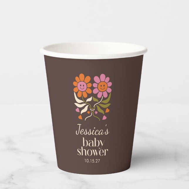 Retro Boho Brown Flower Groovy Baby Shower Custom Paper Cups (Front)