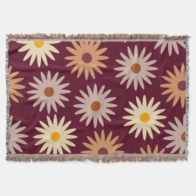 Retro Boho Burgundy Fringed Throw Blanket (Front)