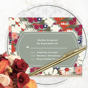 Retro Boho Chic Floral Burgundy Wedding RSVP