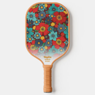 Retro Boho Chic Floral Pattern Custom Text Cool Pickleball Paddle