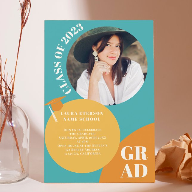 Retro boho circle blue mustard 5 photos graduation invitation (Creator Uploaded)