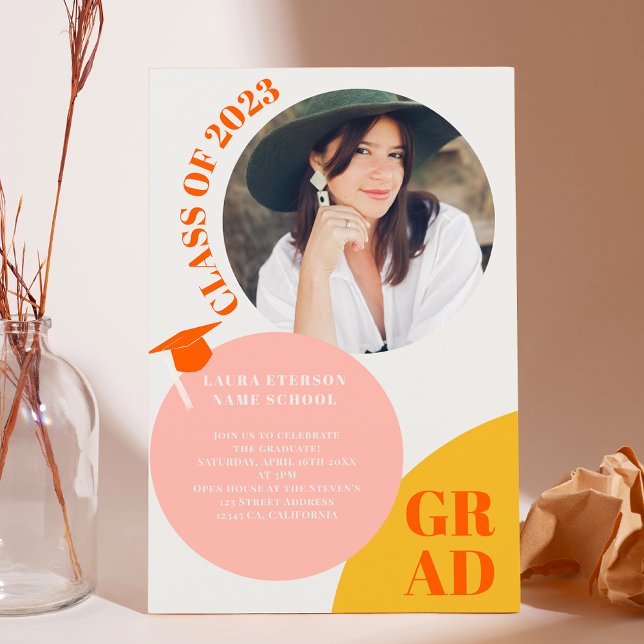 Retro boho circle pink orange 5 photos graduation invitation (Creator Uploaded)