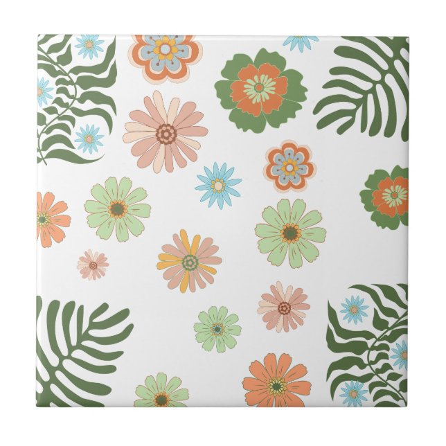 retro boho colourful floral botanical stylish tile (Front)