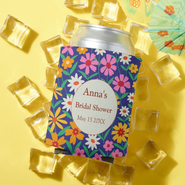 Retro Boho Colourful Flowers Bridal Shower   Can Cooler (In Situ Summer)