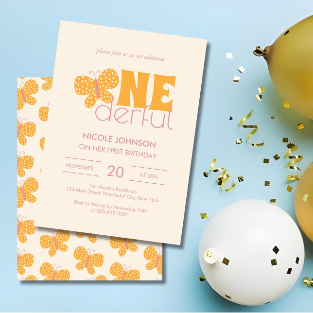 Retro Boho Cute Butterfly Kids 1st Birthday Invitation (Creator Uploaded)