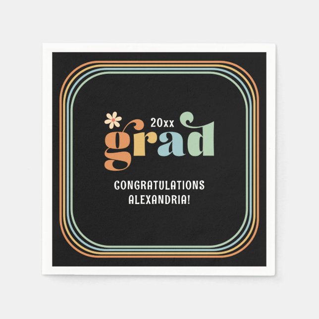 Retro Boho Daisy 2025 Grad Black Party Napkins (Front)