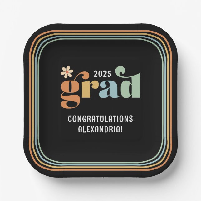Retro Boho Daisy 2025 Grad Party Paper Plates (Front)
