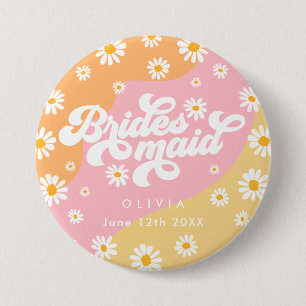 Retro Boho Daisy Personalized Bridesmaid Gift  3 Inch Round Button