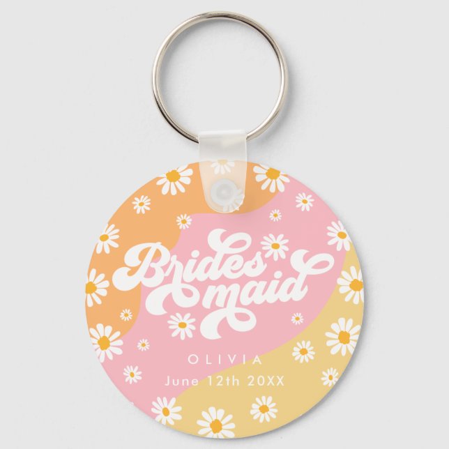 Retro Boho Daisy Personalized Bridesmaid Gift Keychain (Front)