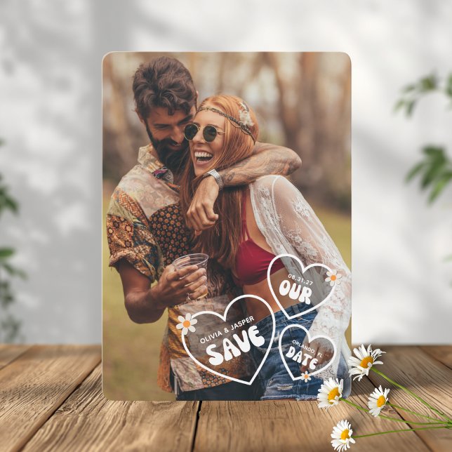 Retro Boho Daisy Photo Save The Date Card (Funky Retro Wedding Save The Date Card)
