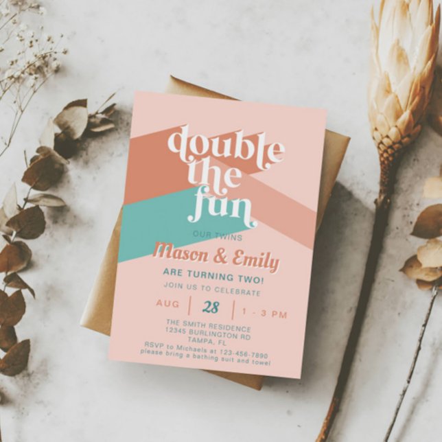 Retro Boho Double the Fun Twins Birthday Invitation (Creator Uploaded)