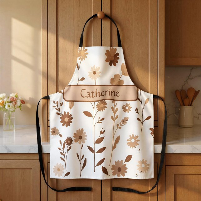 Retro Boho Earthy Floral Custom Name Apron (Creator Uploaded)