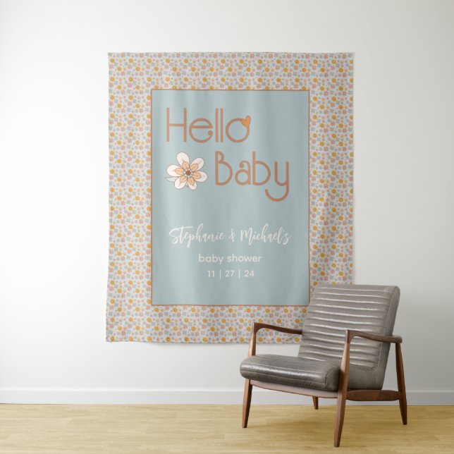 Retro Boho Floral Baby Shower Backdrop Tapestry (In Situ)