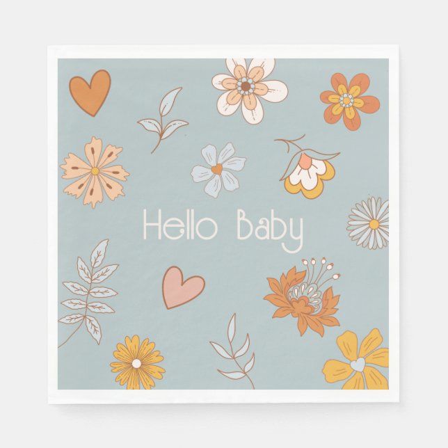 Retro Boho Floral Baby Shower Hello Baby Tableware Napkin (Front)