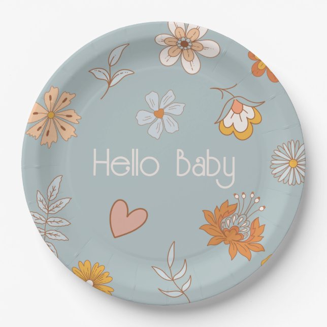 Retro Boho Floral Baby Shower Hello Baby Tableware Paper Plate (Front)