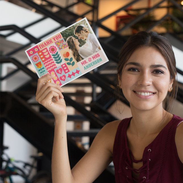 Retro Boho Floral Bold & Bright Colourful Wedding Thank You Card (Creator Uploaded)