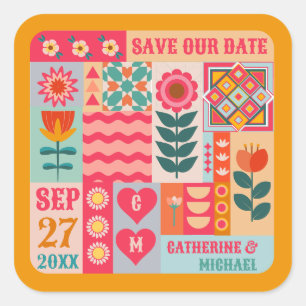Retro Boho Floral Bold & Bright Save The Date Square Sticker