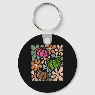 Retro Boho Floral Fall Pumpkin Autumn Thanksgiving Keychain