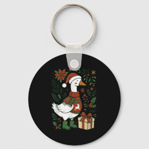 Retro Boho Floral Funny Xmas Silly Goose Lover Chr Keychain