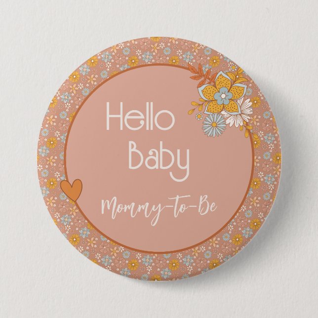 Retro Boho Floral Mommy to Be Baby Shower Button (Front)