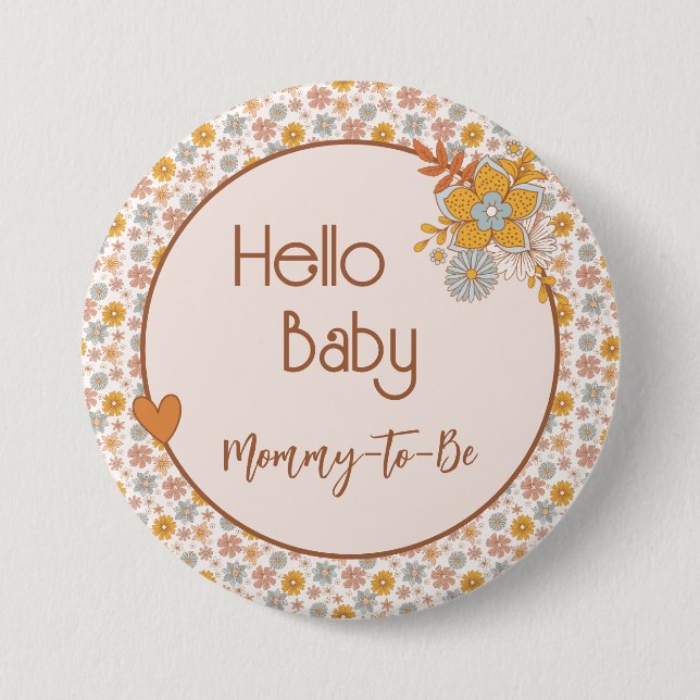 Retro Boho Floral Mommy to Be Baby Shower Button (Front)