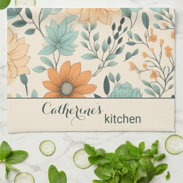 Retro Boho Floral Pattern Custom Kitchen Towel (Folded)