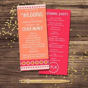 Retro Boho Floral Pink & Orange Colourful Wedding Program