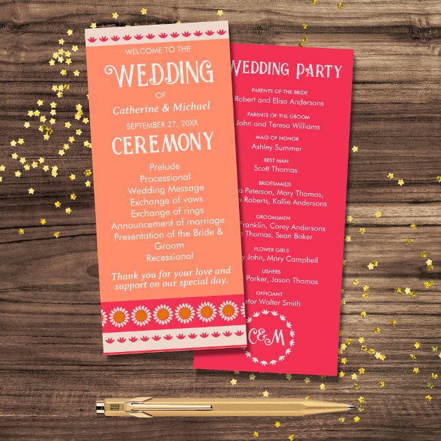Retro Boho Floral Pink & Orange Colourful Wedding Program (Creator Uploaded)