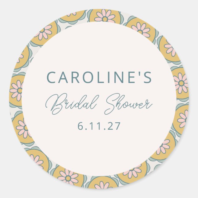 Retro Boho Floral Yellow Custom Bridal Shower Classic Round Sticker (Front)