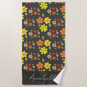 Retro Boho Flower Pattern Personalized  Beach Towel