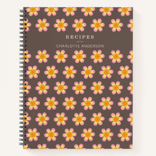 Retro Boho Flowers Brown Personalized Recipe Notebook