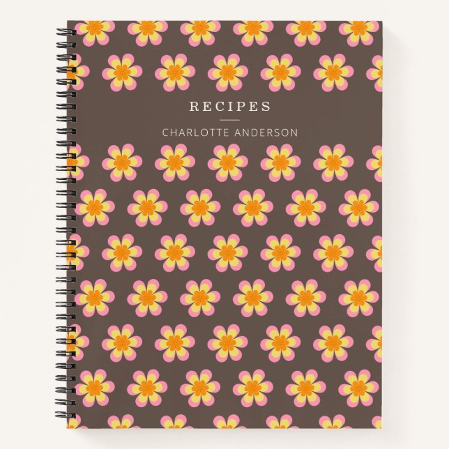 Retro Boho Flowers Brown Personalized Recipe   Notebook (Front)